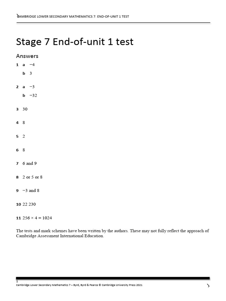 End-of-Unit 1 Test Answers: Grade 7 | PDF