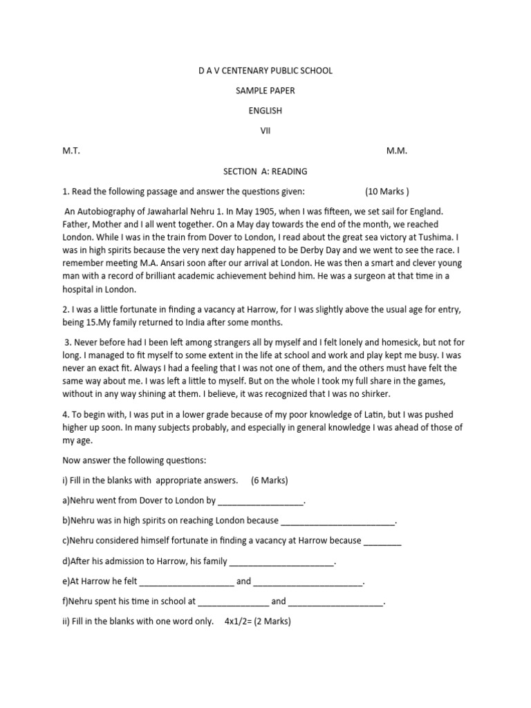 Class Vii English Sample Paper 2 PDF