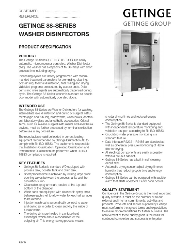 Getinge 88-Series Washer Disinfector Specs | PDF | Washing Machine ...