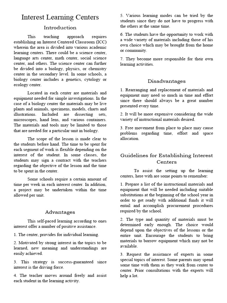 Lecture 9 Interest Learning Centers | PDF | Learning | Science