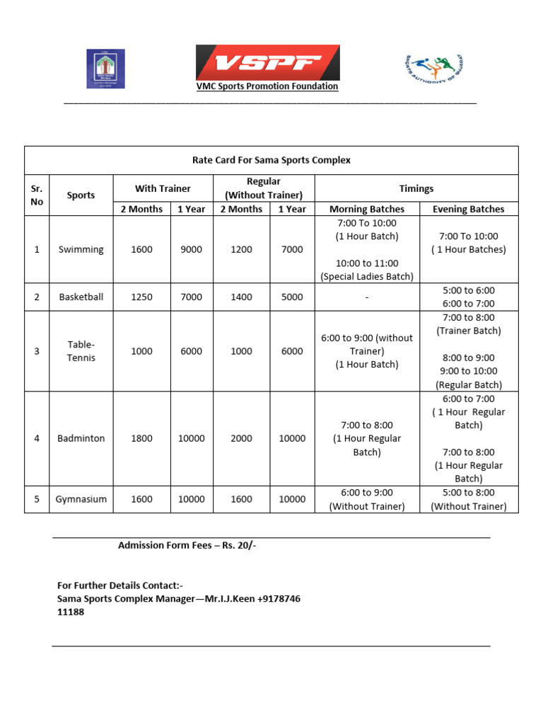 Sama Sports Complex Rate Card | PDF