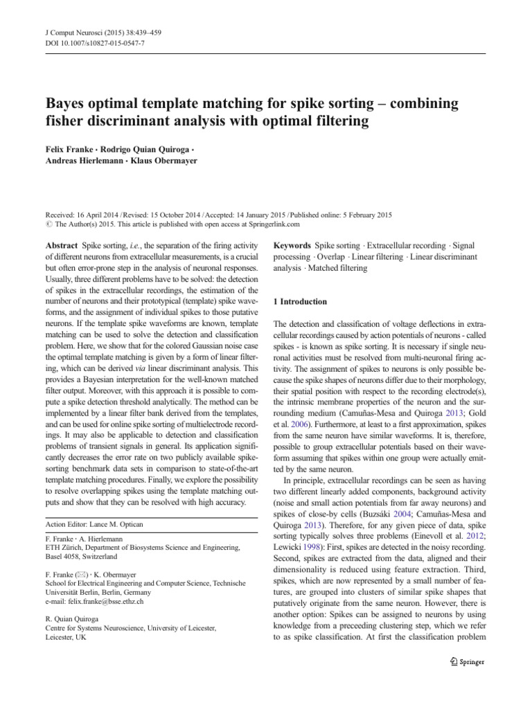 Optimal Spike Sorting via Template Matching | PDF | Action Potential ...