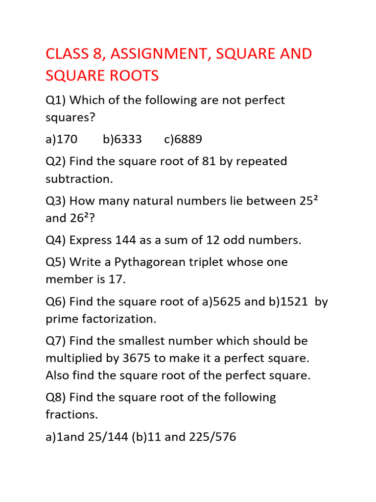 Class 8 Assignment: Squares & Roots | PDF