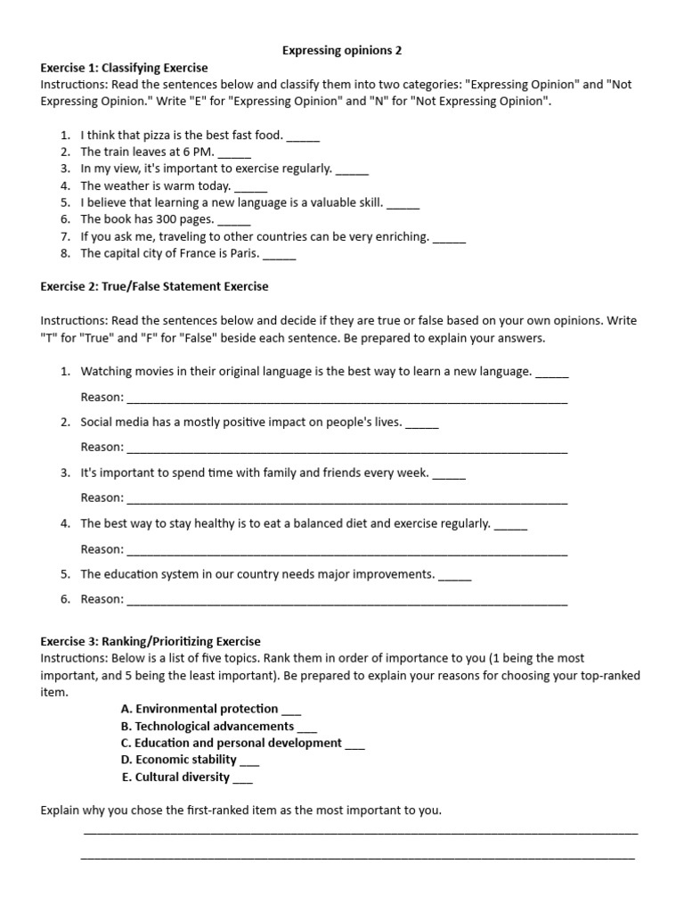 Opinion Expression Exercises for Learning | PDF