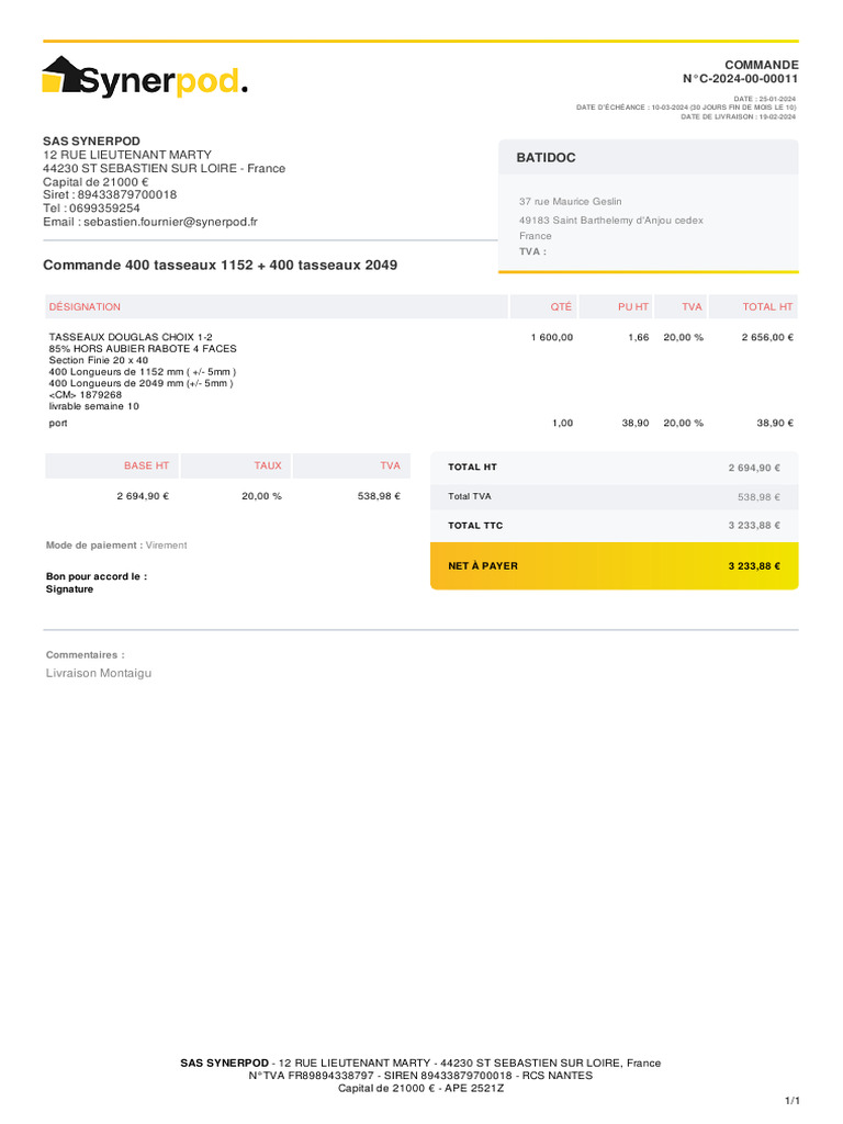 Facture SAS Synerpod - Commande N°C-2024-00-00011 | PDF | Taxe sur la ...