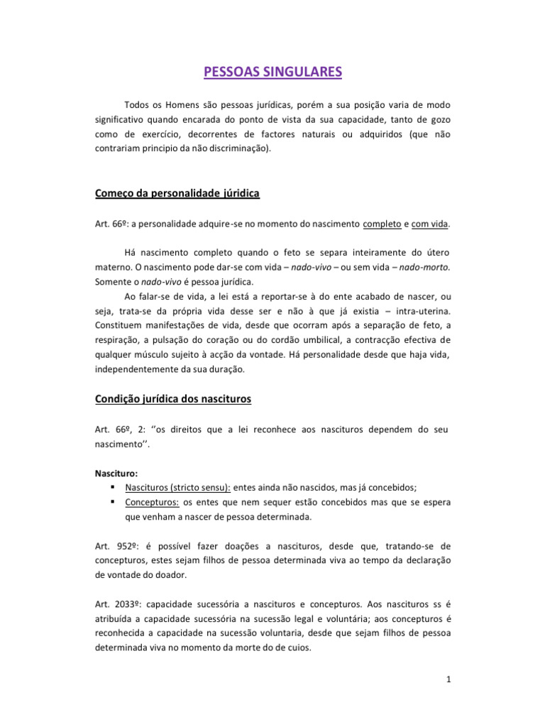 Pessoas Singulares Teoria Geral Carvalho Fernandes | PDF