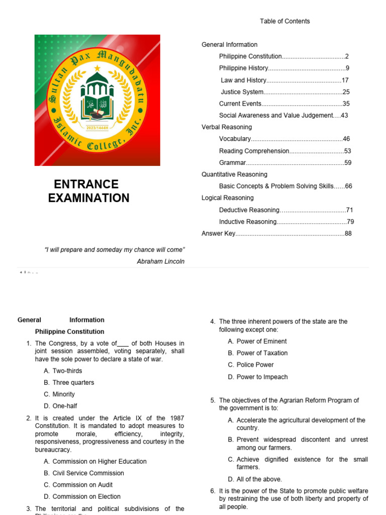 SPMIC Entrance Exam | PDF | President Of The Philippines | World Politics