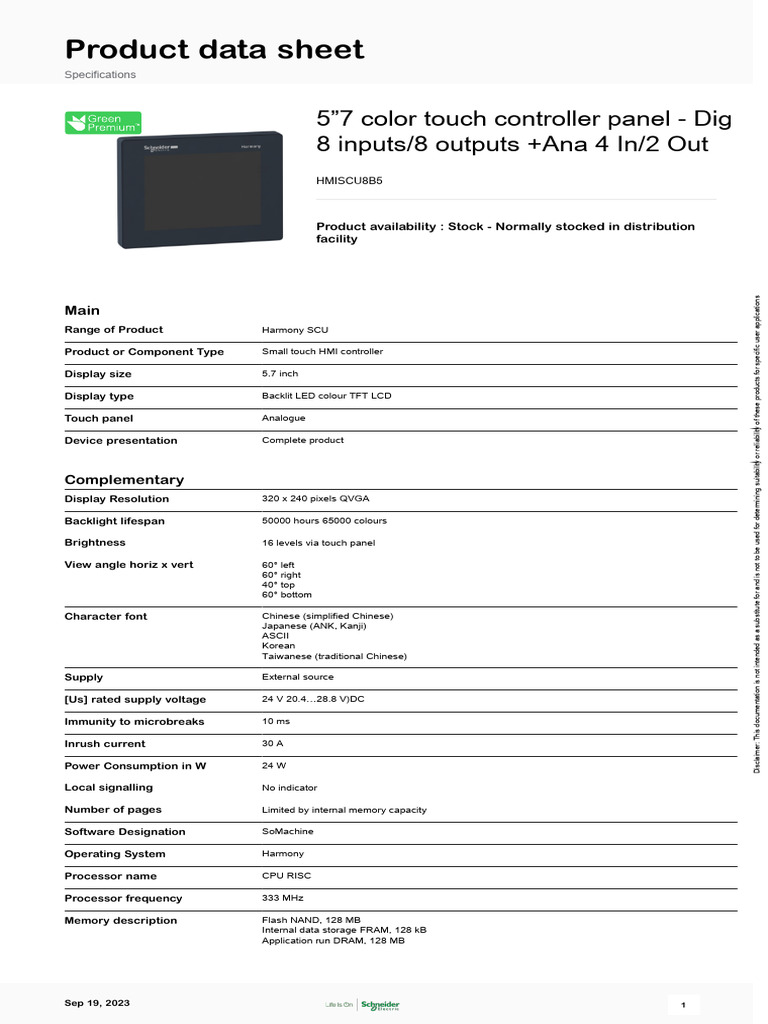 Product Data Sheet: 5"7 Color Touch Controller Panel - Dig 8 Inputs/8 ...
