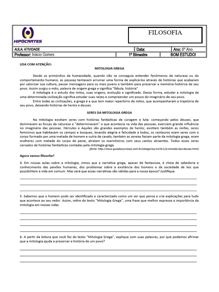 Atividade de Filosofia - 6 Ano | Download grátis PDF | Édipo ...
