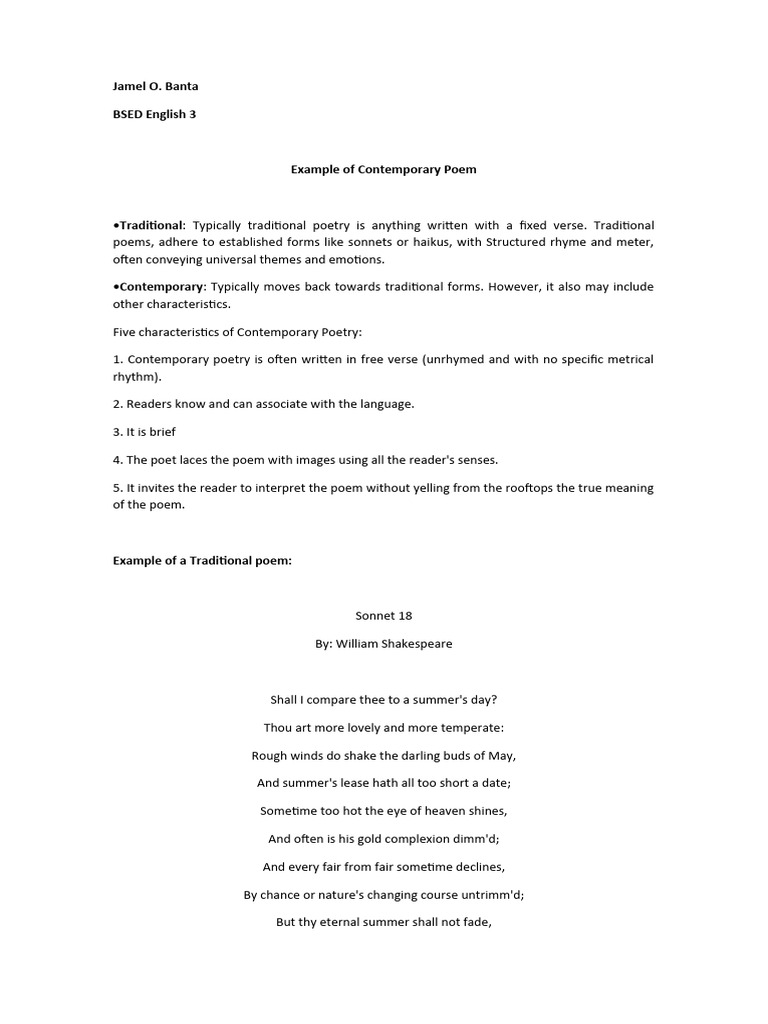 Characteristics of Contemporary Poetry | PDF | Poetry | Stanzaic Form