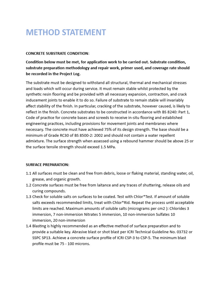 PU Flooring Application Method Statement | PDF | Concrete | Strength Of ...
