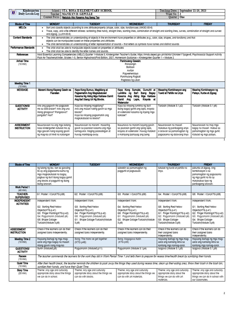 Kindergarten Daily Lesson Plan: Week 3 | PDF | Teachers | Psychological ...