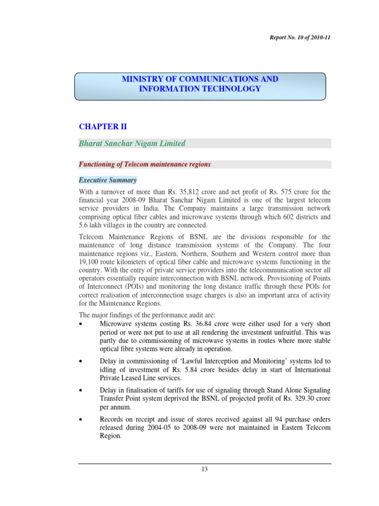 BSNL Telecom Maintenance Audit Report | PDF | Computing | Electronics