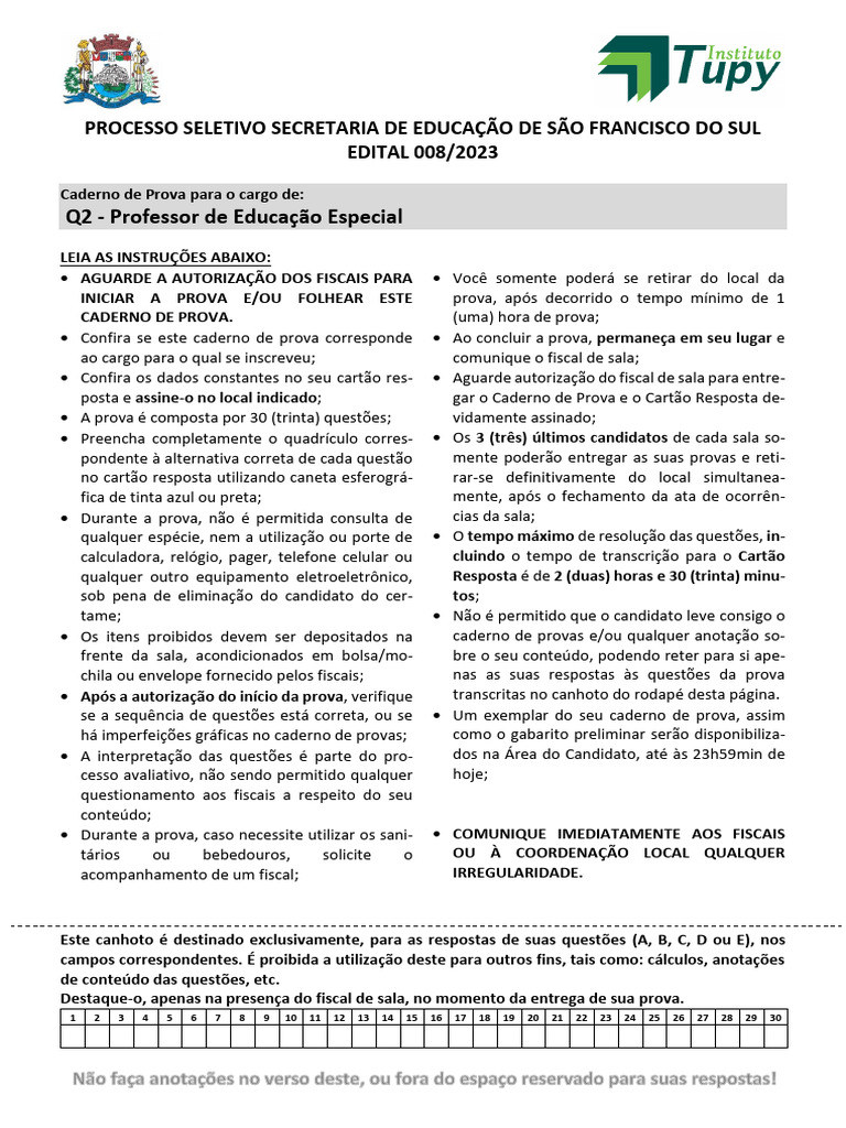 Prova Professor Educação Especial 2023 | PDF