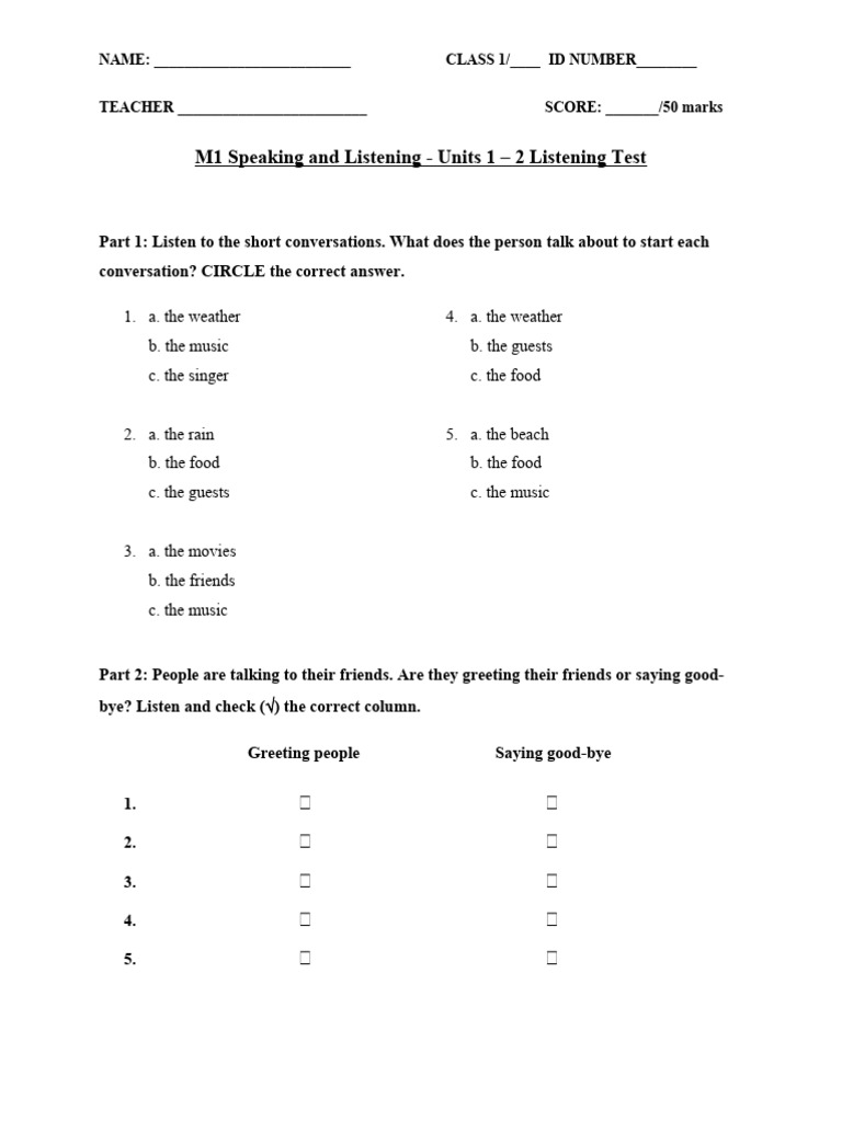 M1 Unit 1 And 2 Listening Test Pdf