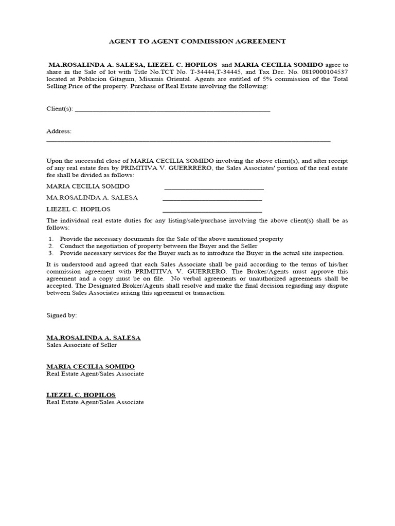 Agent Commission Agreement for Lot Sale | PDF