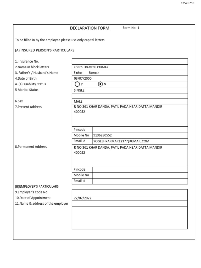 Declaration form employees state insurance corporation esic pdf