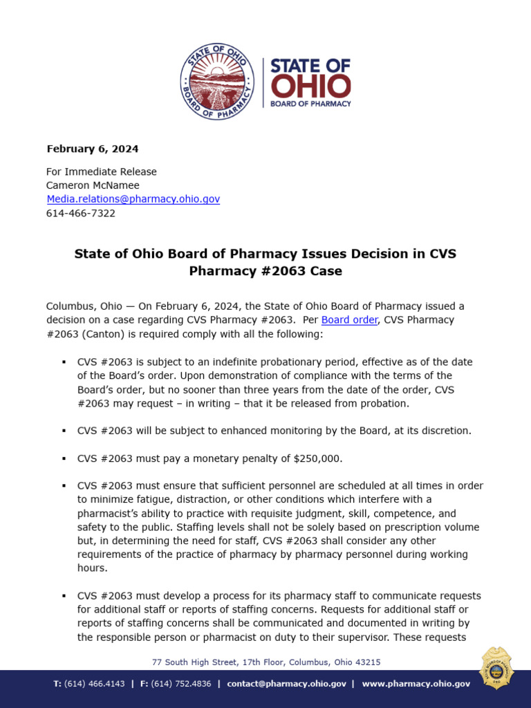 State of Ohio Board of Pharmacy Issues Decision in Cvs Pharmacy 2063
