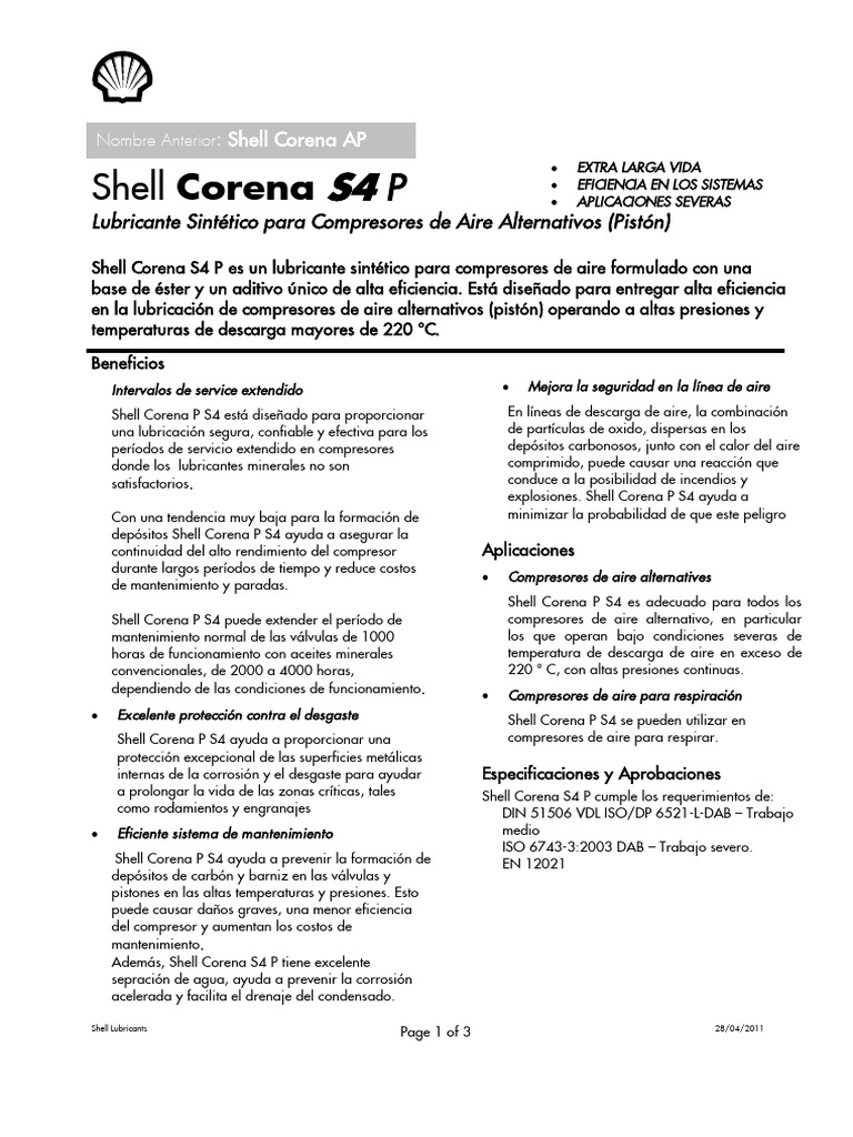 Lubricante Sintético Shell Corena S4 P | PDF | Lubricante | Ingeniería ...