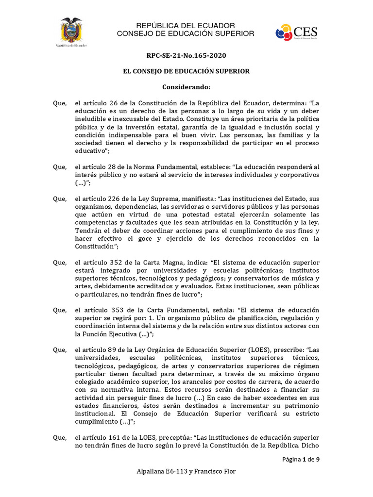 Normativa del Consejo de Educación Superior | PDF | Educación más alta ...