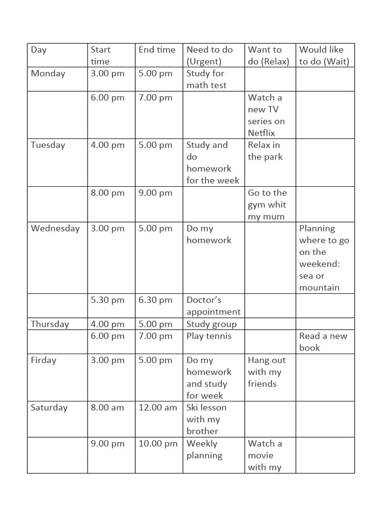 Map out my week pdf