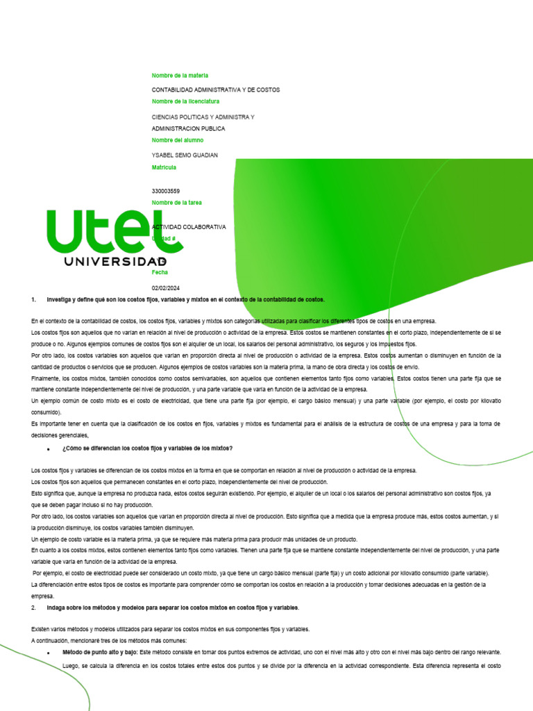 Contabilidad Administrativa Y De Costos Semana 4 Pdf Business Costo