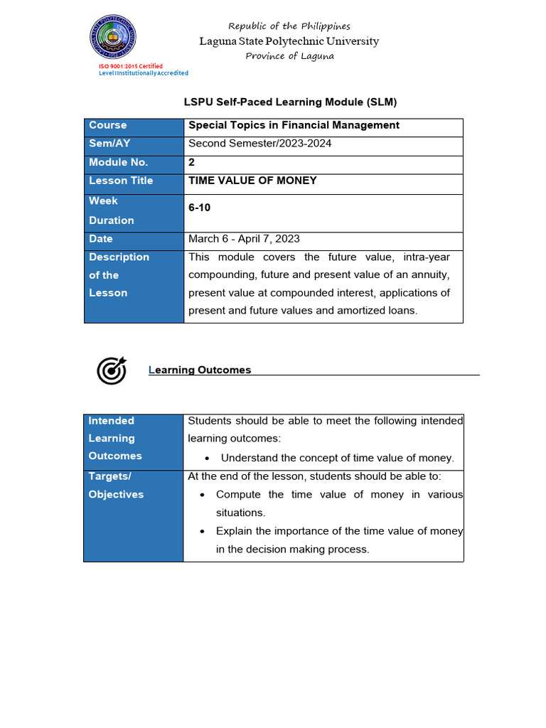 Module 2 Special Topics In Financial Management Pdf Present Value