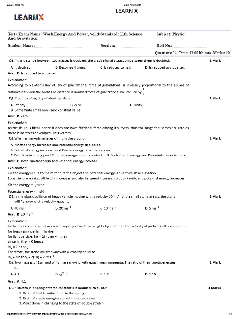 Work, Energy, and Power Exam MCQs | PDF | Potential Energy | Force