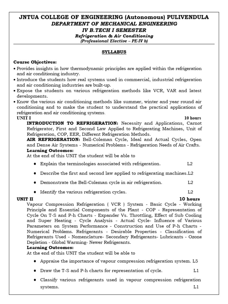 R & Ac Lesson Plan and Syllabus PDF Air Conditioning Refrigeration