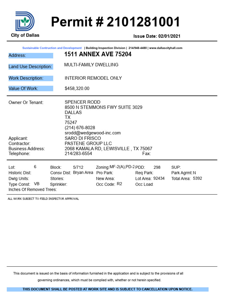 Permit #: 1511 ANNEX AVE 75204 | PDF
