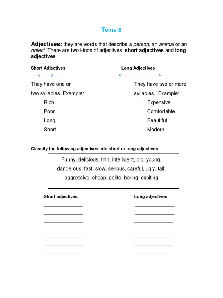 Ingles 2 Tema 8 Adjetives PDF Chair Adjective