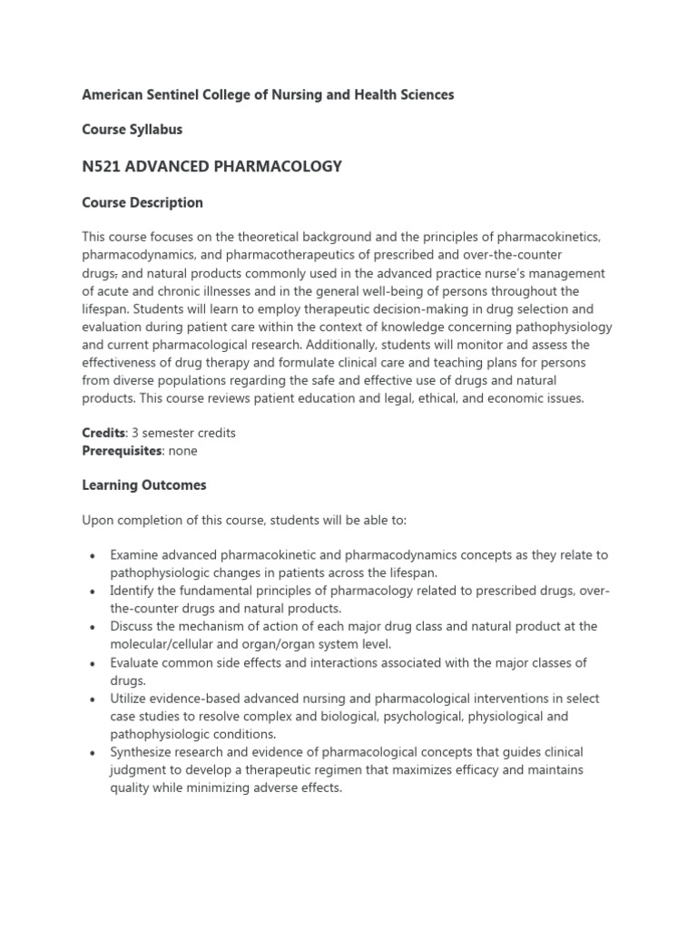 Advanced Pharmacology Course Syllabus | PDF | Health Care | Nursing