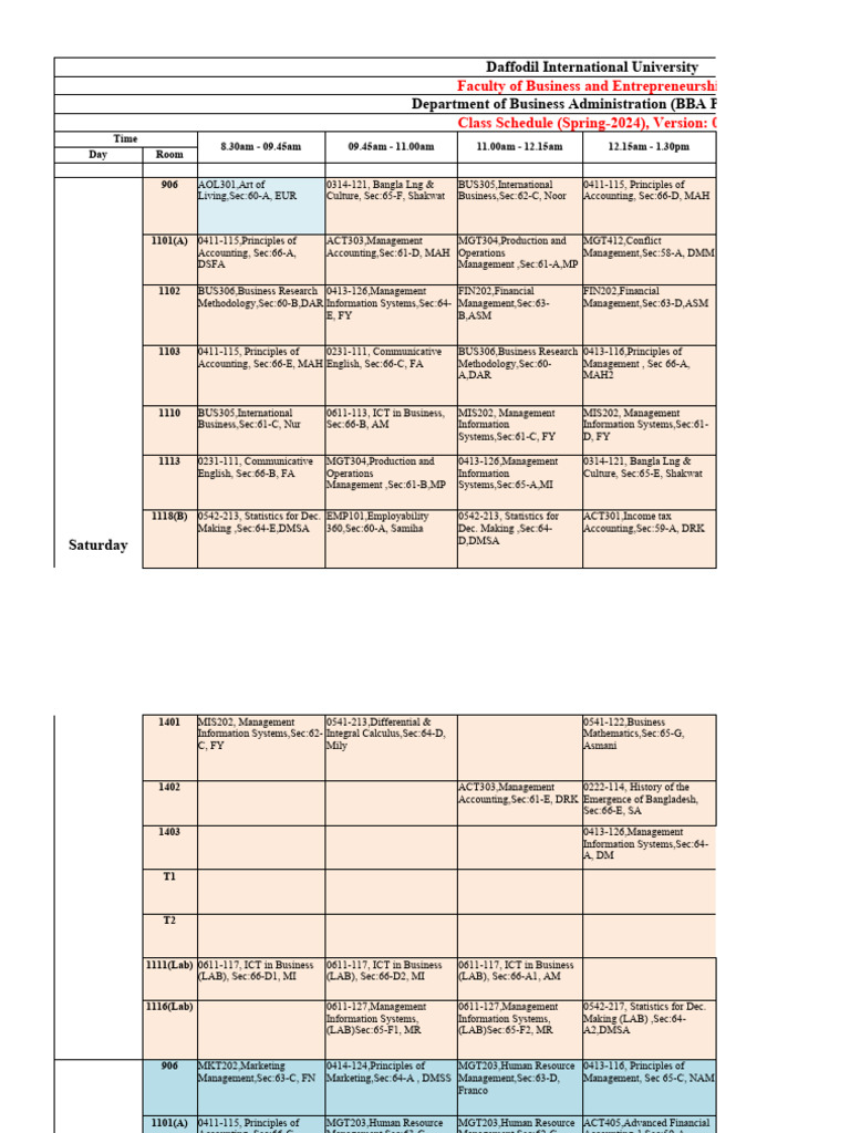 Daffodil University BBA Class Schedule 2024 | PDF | Business | Accounting