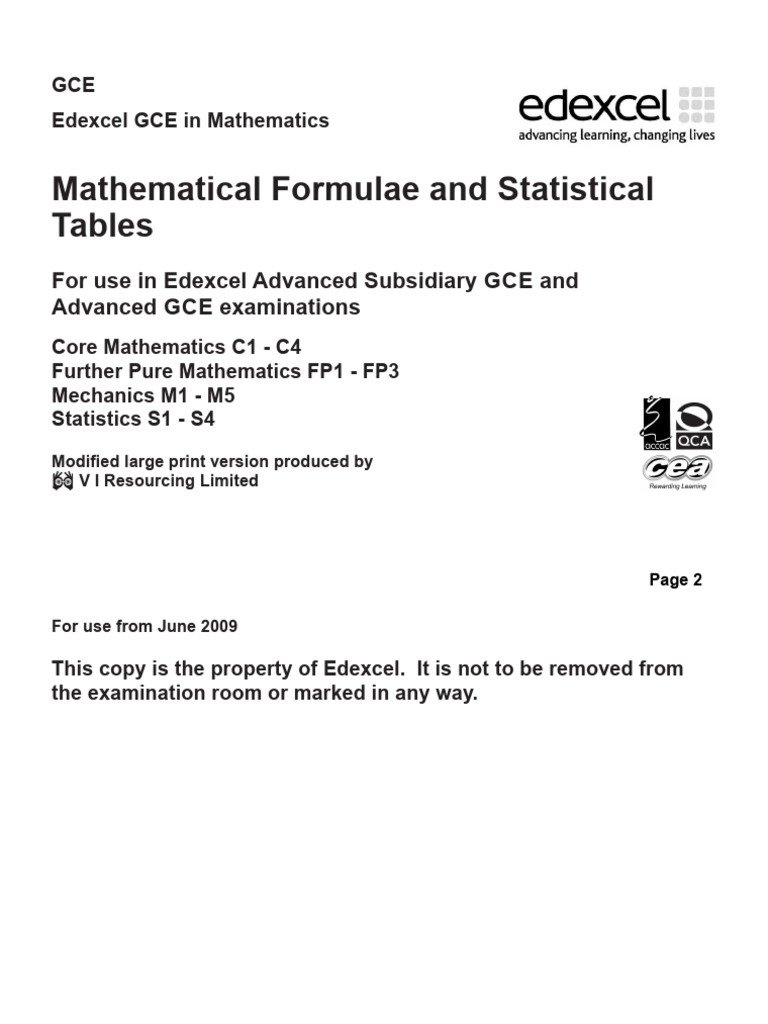 Pearson edexcel mathematical formulae and statistical
