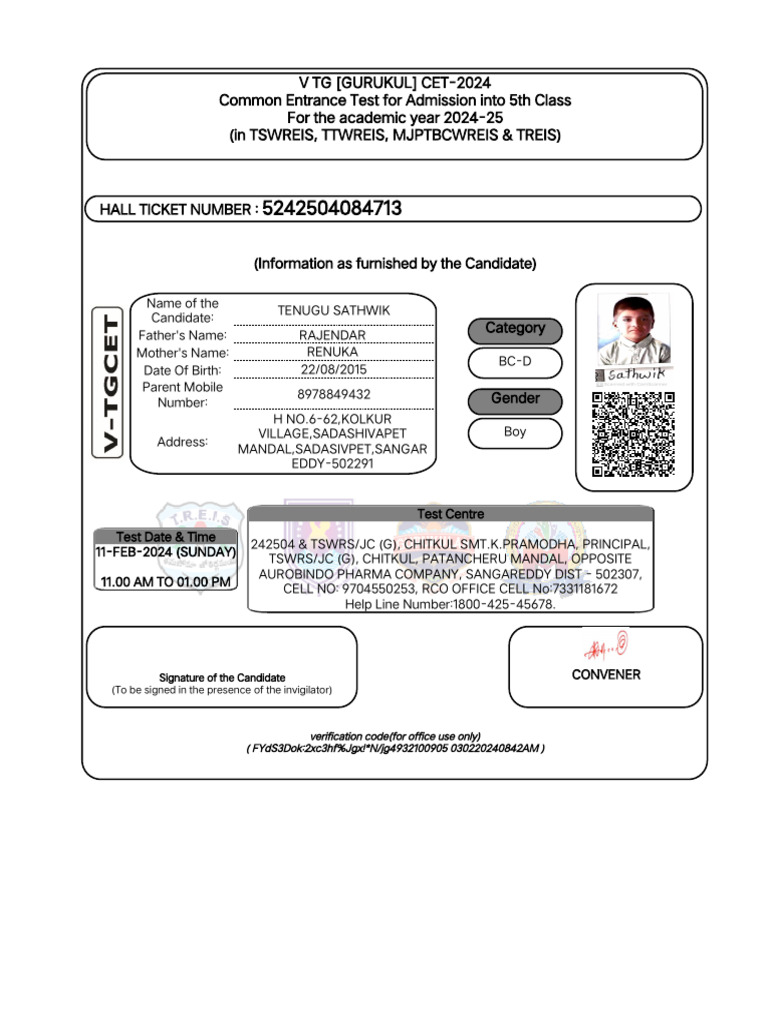 V TG (Gurukul) Cet2024 Common Entrance Test For Admission Into 5th