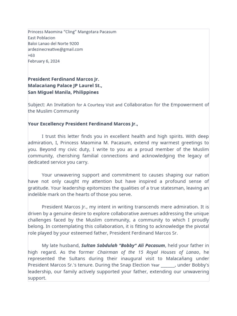 Courtesy Visit Invitation to President Marcos | PDF