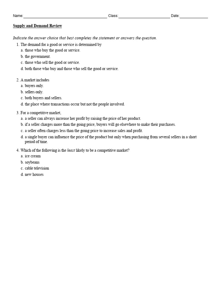 Supply and Demand Review Quiz | PDF | Supply And Demand | Supply ...