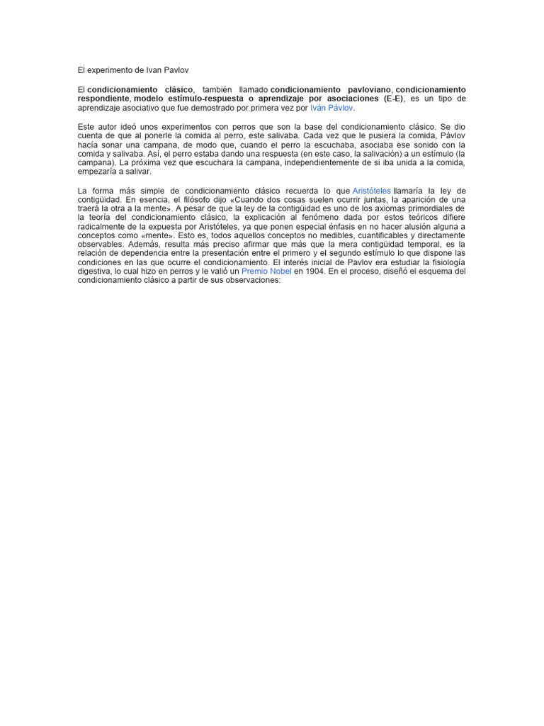 El experimento de Pavlov y el condicionamiento | PDF