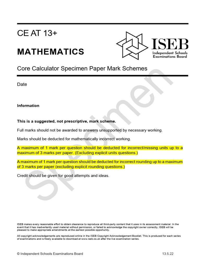 Specimen CE 13 Mathematics Core Calculator Mark Scheme 2022 | PDF