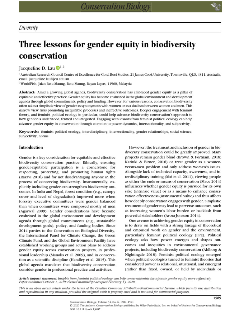 Conservation Biology - 2020 - Lau - Three Lessons For Gender Equity in ...