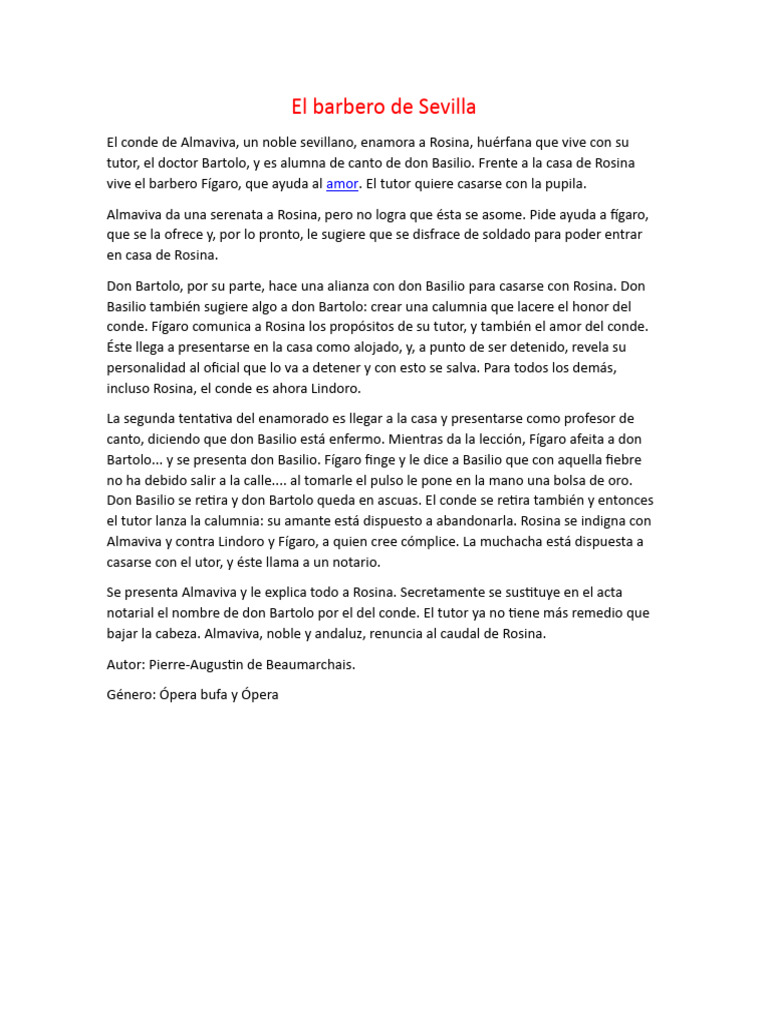Resumen de El Barbero de Sevilla | PDF