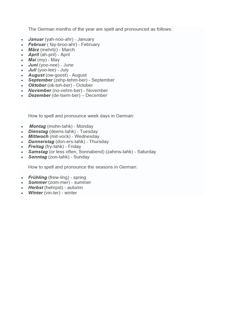 The German Months of The Year Are Spelt and Pronounced As Follows | PDF