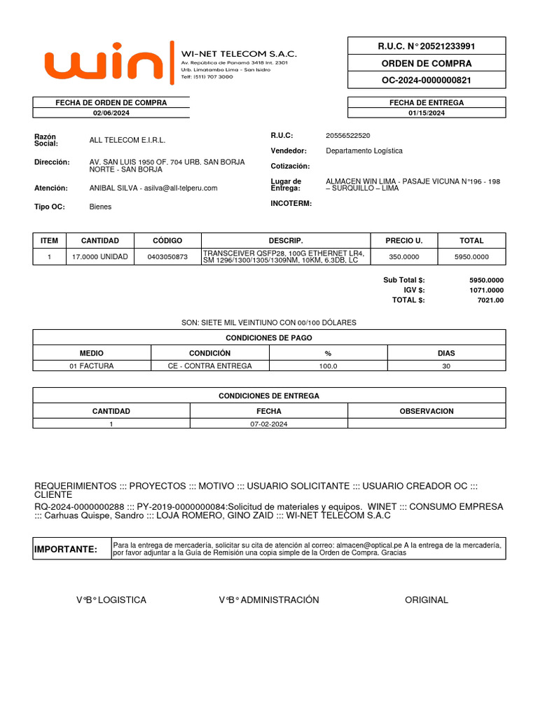 Orden de Compra Transceiver 100G | PDF