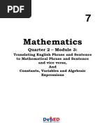 Math 7 - Q2 - Week 3 - Module 3 - Translating English Phrases and Sentence To Mathematical Phrases and Sentence and Vice Versa