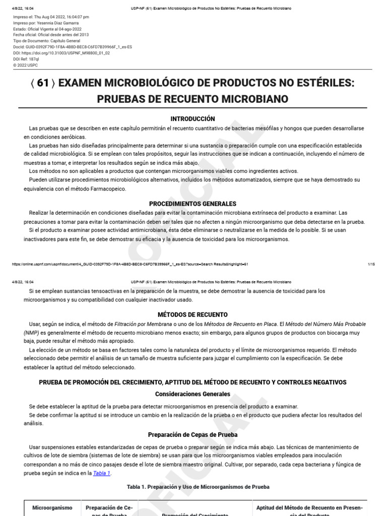 Examen Microbiológico USP | PDF | Química | Sustancias químicas