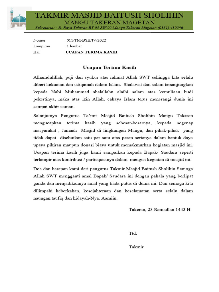 Ucapan Terima Kasih Kegiatan Masjid Pdf