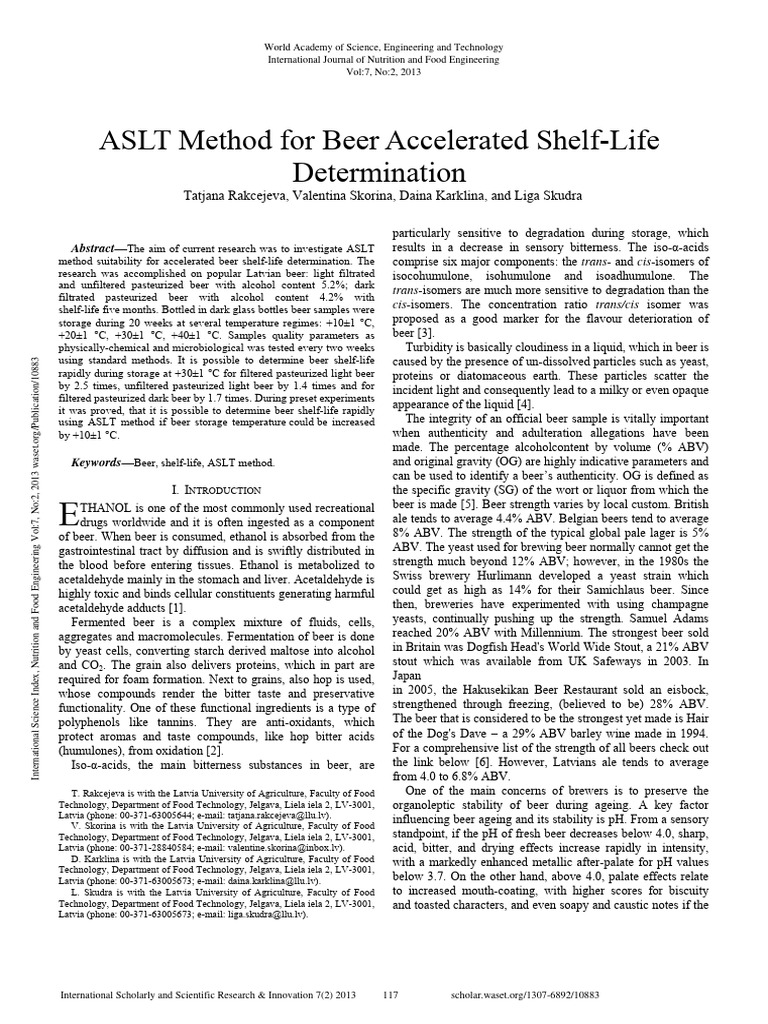 ASLT Method For Beer Accelerated Shelf-Life Determination | PDF | Beer ...