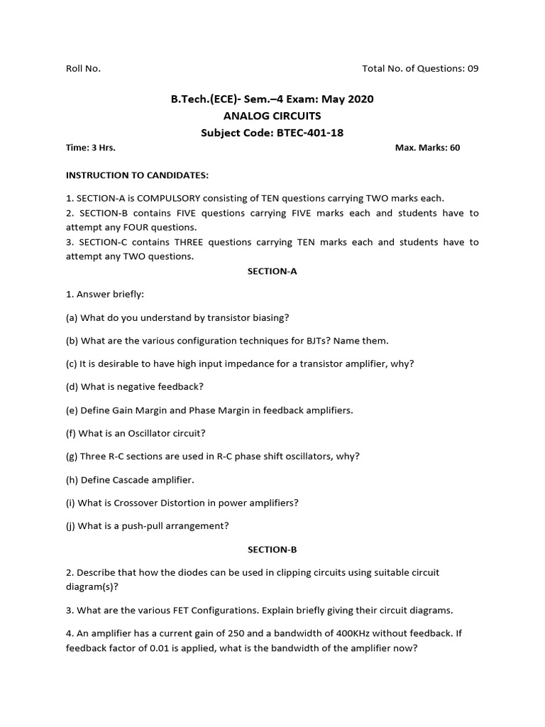 B Tech Ece Batch 2018 Sem 4 Btec 401 | PDF | Amplifier | Computer ...