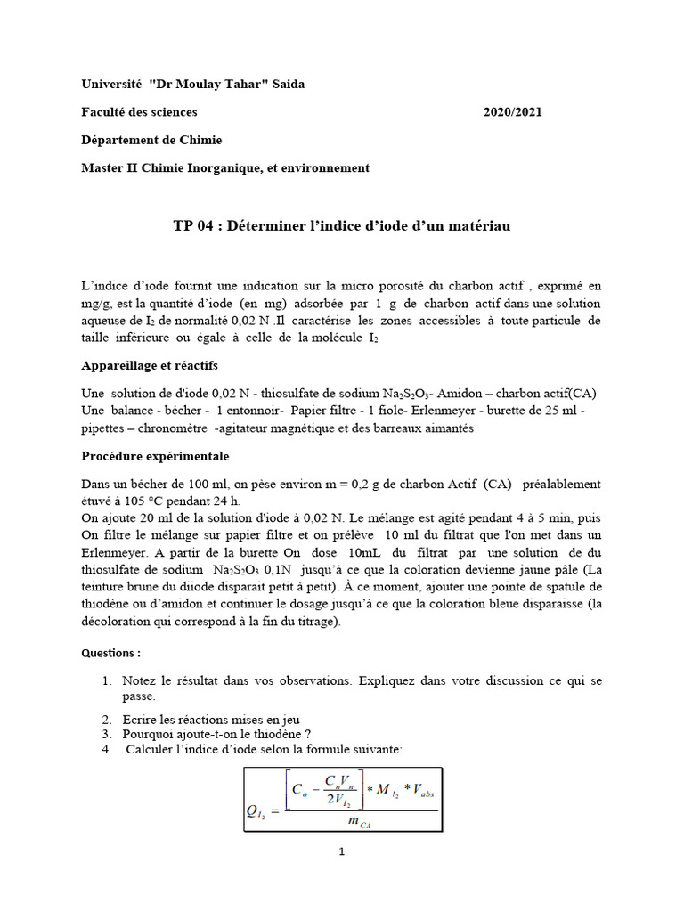 Calcul de l'indice d'iode du charbon actif PDF — free download