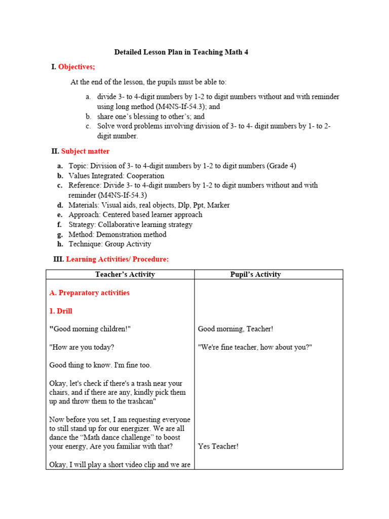 Grade 4 Division Lesson Plan | PDF | Division (Mathematics) | Learning